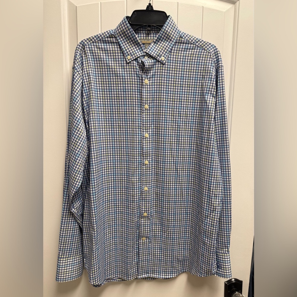 Peter Millar Crown Sport Shirt Mens L Blue Plaid Long Sleeve Button Up Stretch